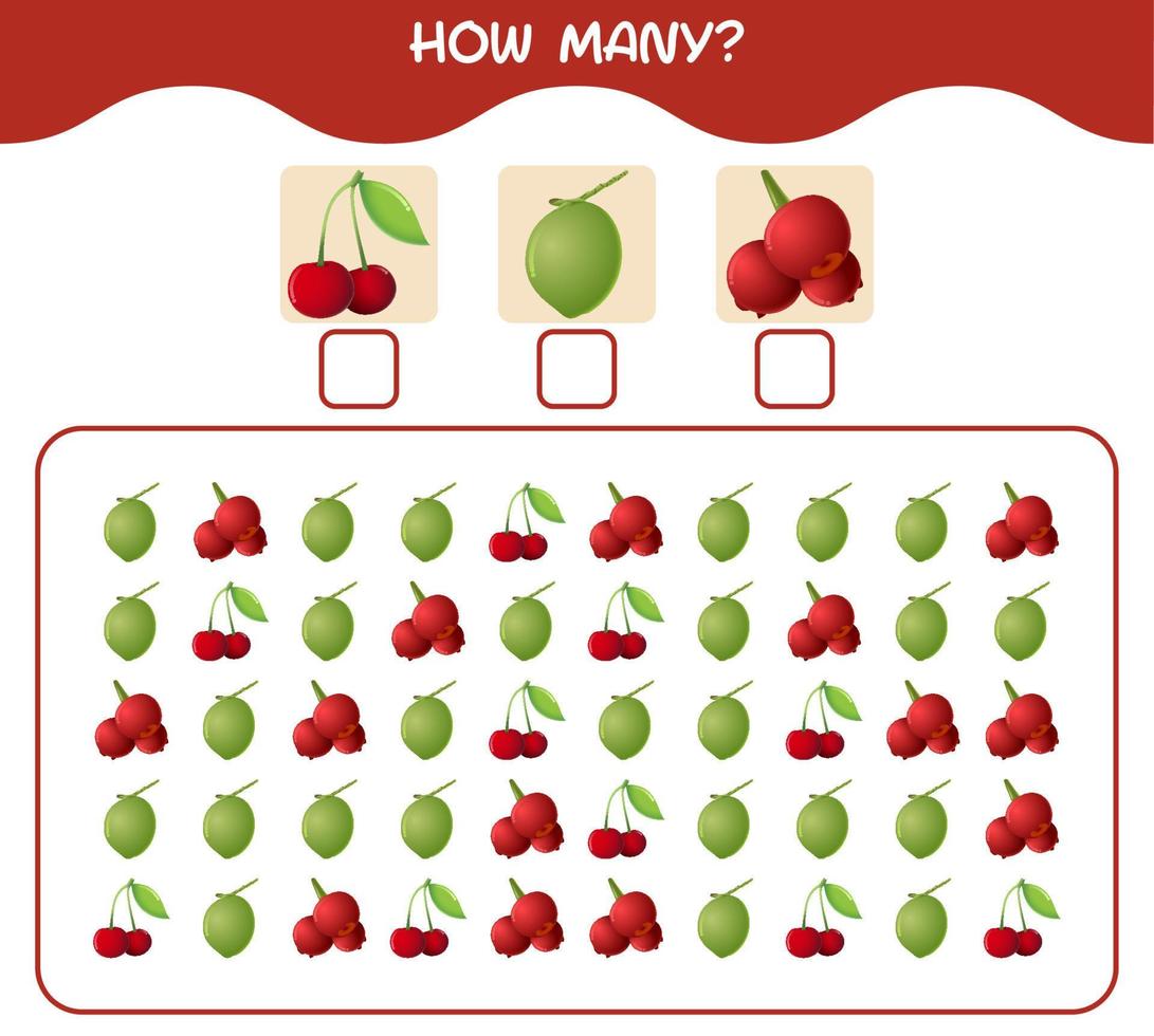 How many cartoon fruits. Counting game. Educational game for pre shool years kids and toddlers vector