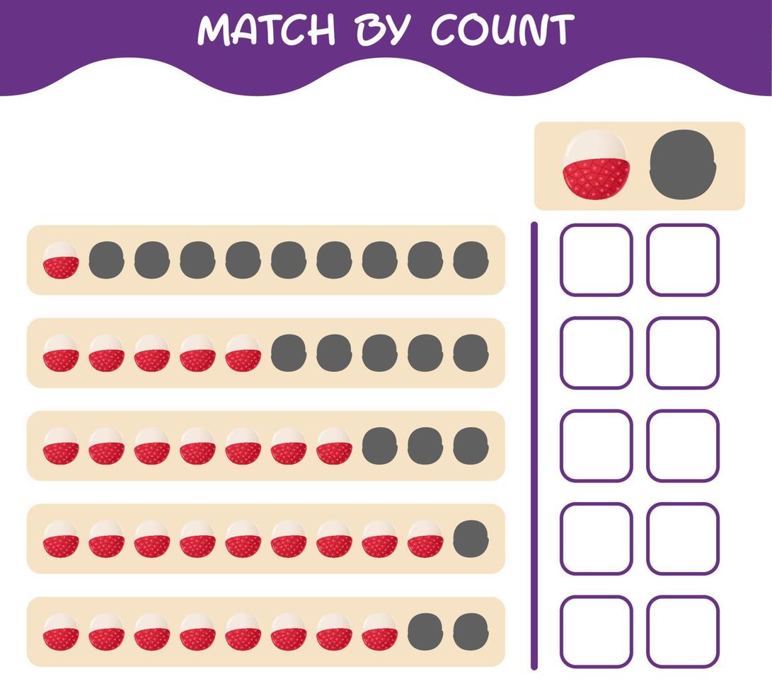 Match by count of cartoon lychee. Match and count game. Educational game for pre shool years kids and toddlers vector