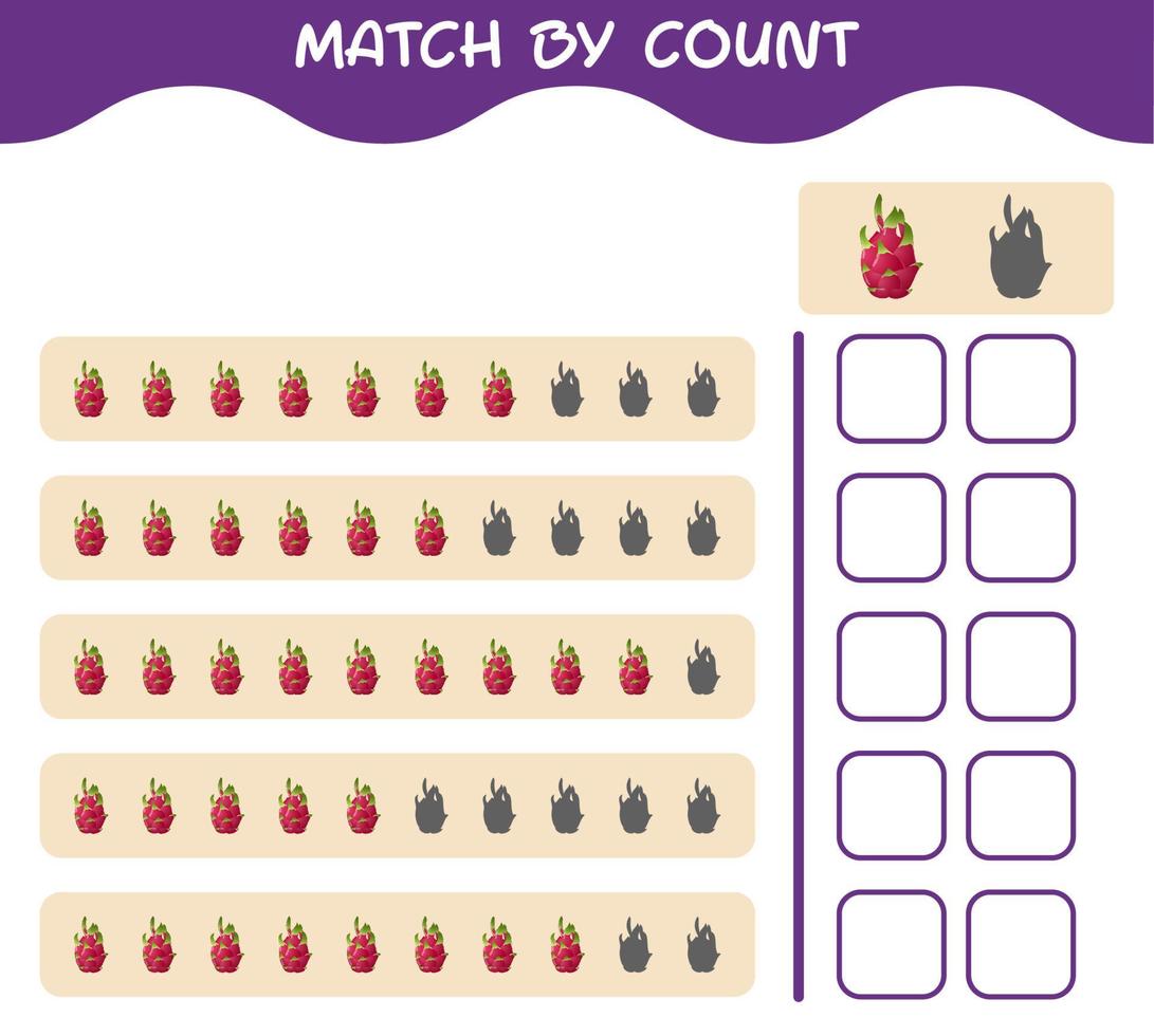 Match by count of cartoon dragon fruit. Match and count game. Educational game for pre shool years kids and toddlers vector