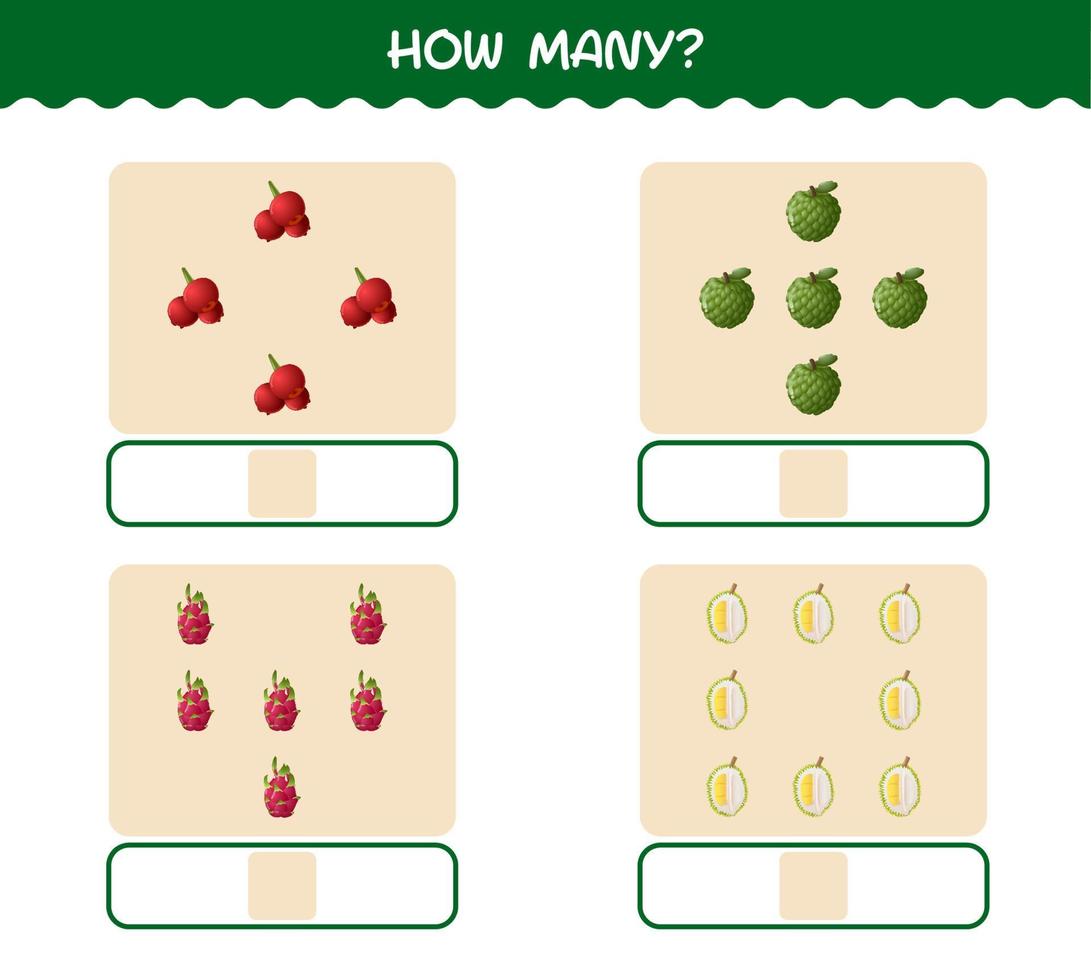 How many cartoon fruits. Counting game. Educational game for pre shool years kids and toddlers vector