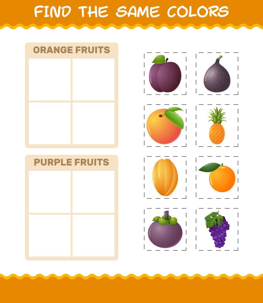 Find the same colors of fruits. Searching and Matching game. Educational game for pre shool years kids and toddlers vector