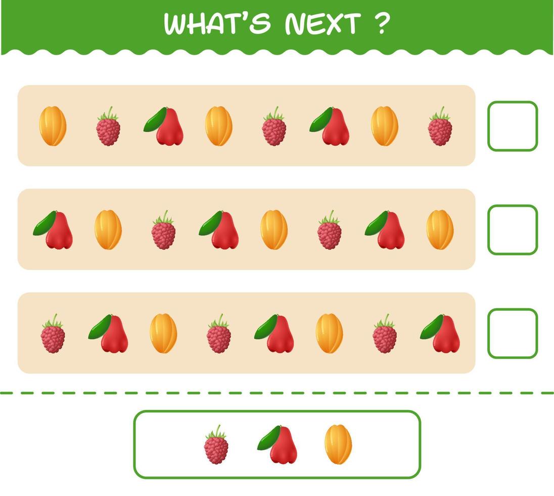 What's comes next educational game of cartoon fruits. Find the regularity and continue the row task. Educational game for pre shool years kids and toddlers vector