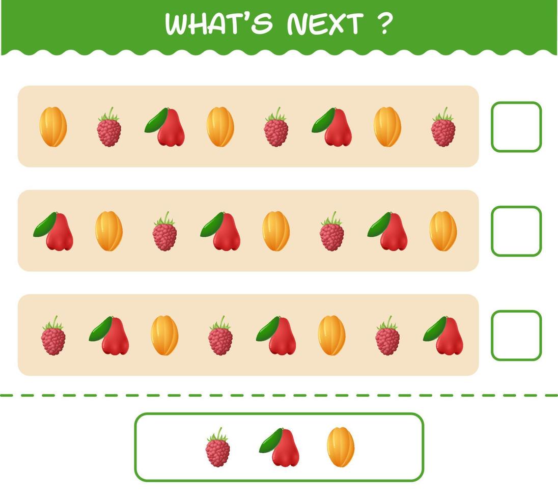 ¿Qué viene después? Juego educativo de frutas de dibujos animados. encuentre la regularidad y continúe la tarea de la fila. juego educativo para niños y niños pequeños en edad preescolar vector