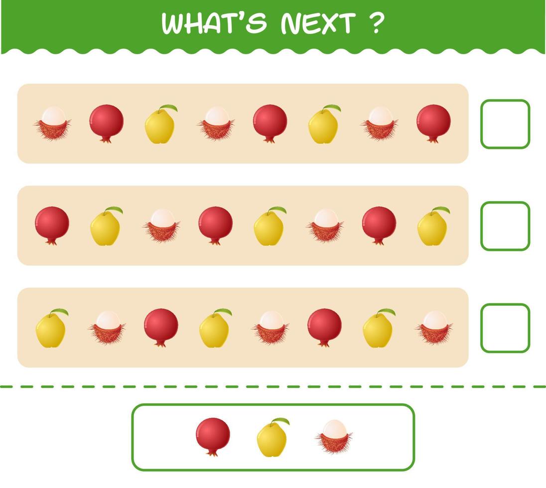 What's comes next educational game of cartoon fruits. Find the regularity and continue the row task. Educational game for pre shool years kids and toddlers vector