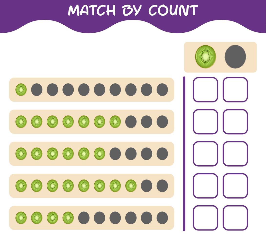 Match by count of cartoon kiwi. Match and count game. Educational game for pre shool years kids and toddlers vector