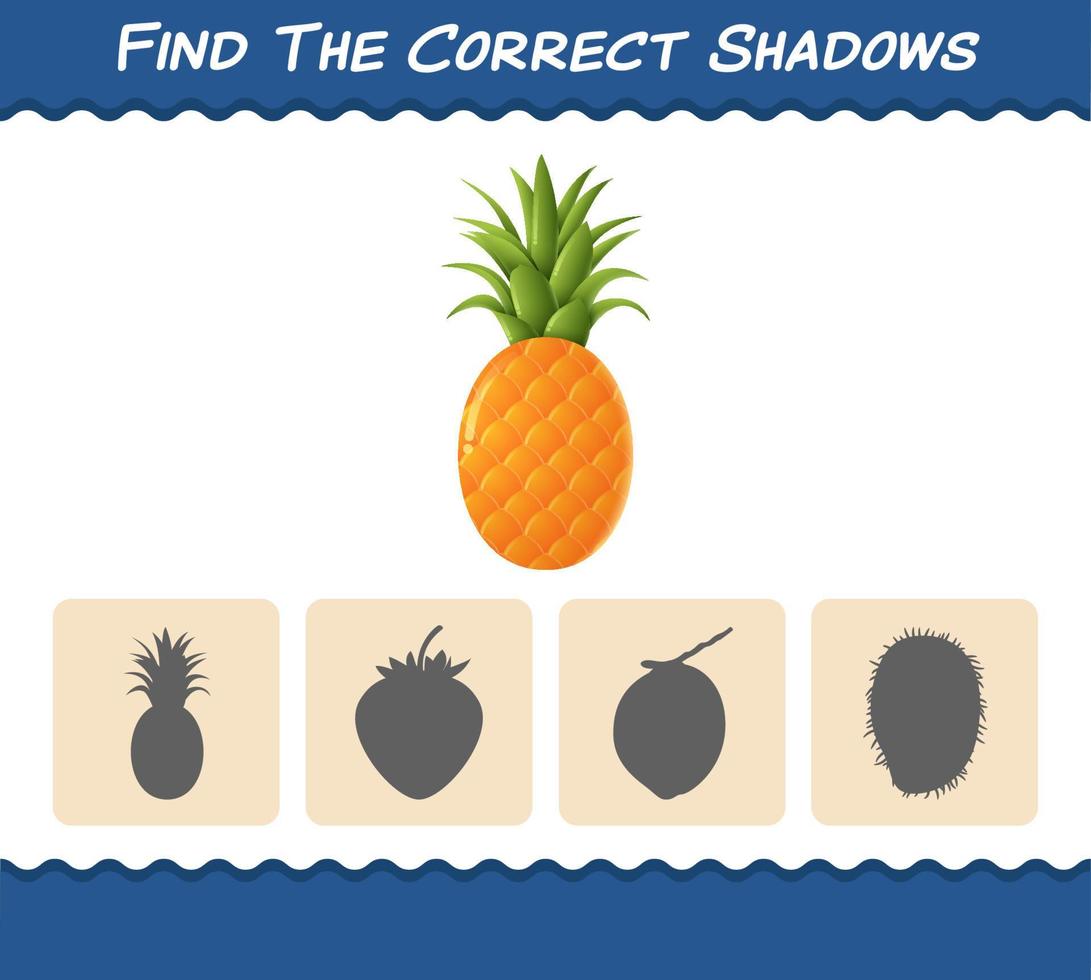 Find the correct shadows of cartoon pineapples. Searching and Matching game. Educational game for pre shool years kids and toddlers vector