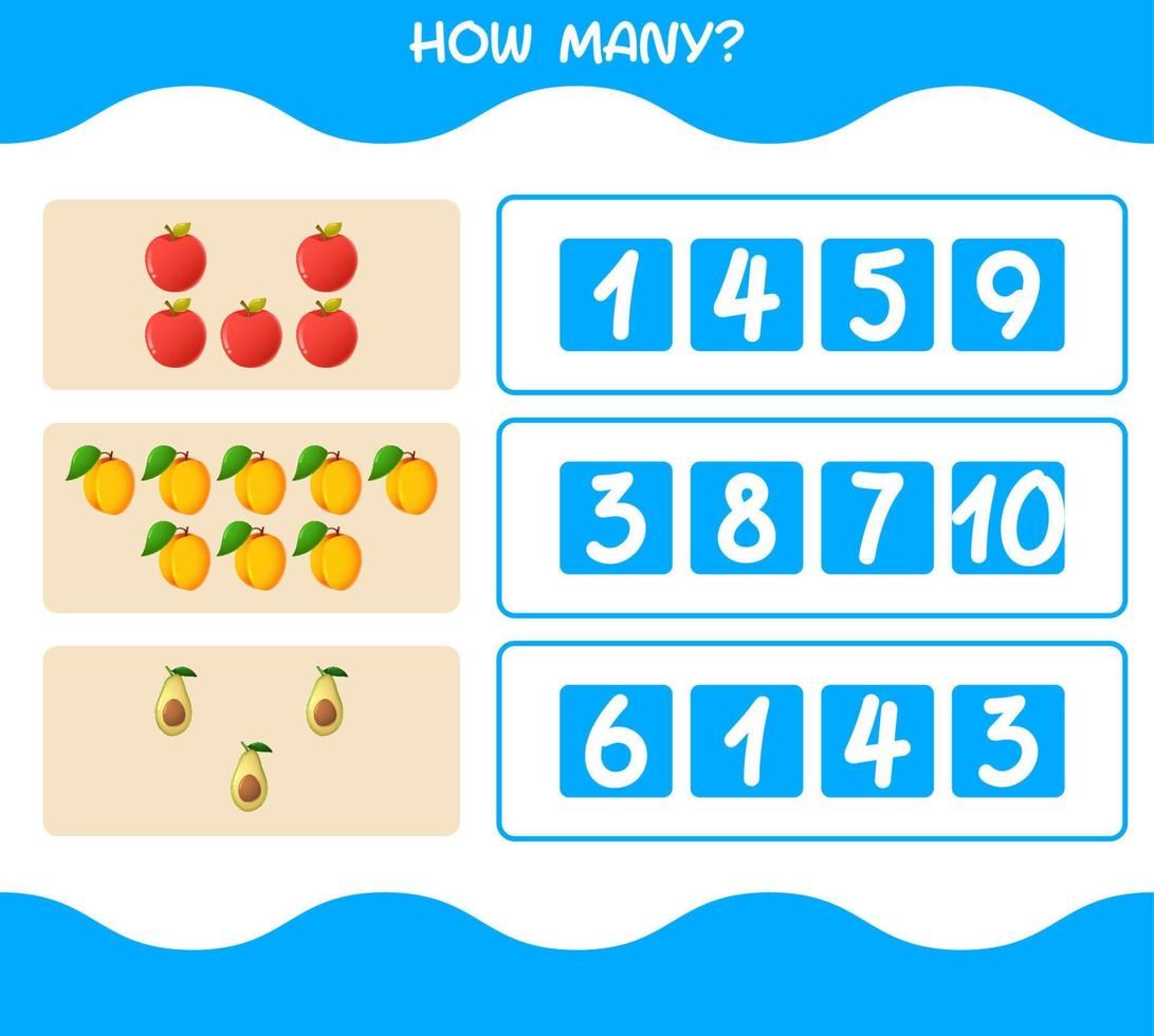 How many cartoon fruits. Counting game. Educational game for pre shool years kids and toddlers vector