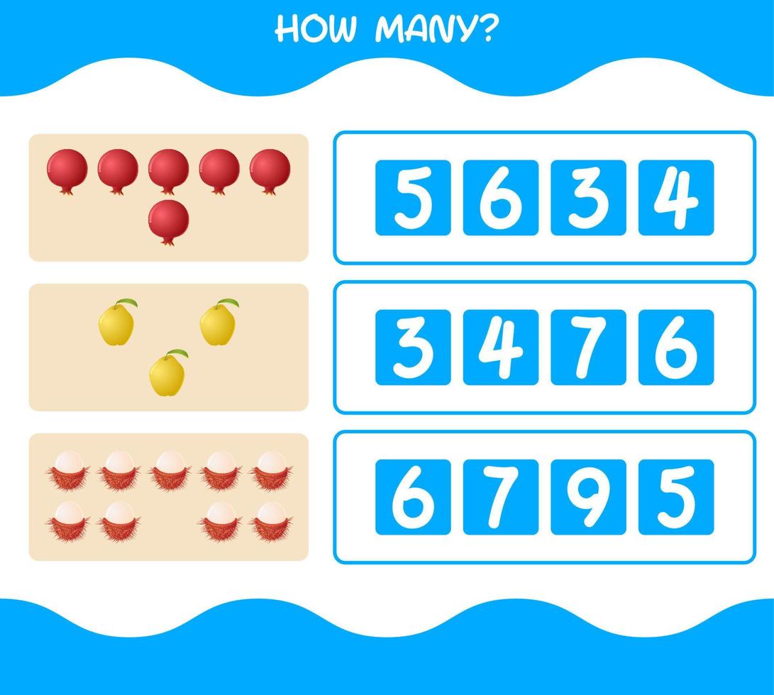 How many cartoon fruits. Counting game. Educational game for pre shool years kids and toddlers vector