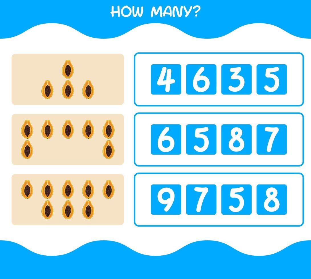 How many cartoon papaya. Counting game. Educational game for pre shool years kids and toddlers vector