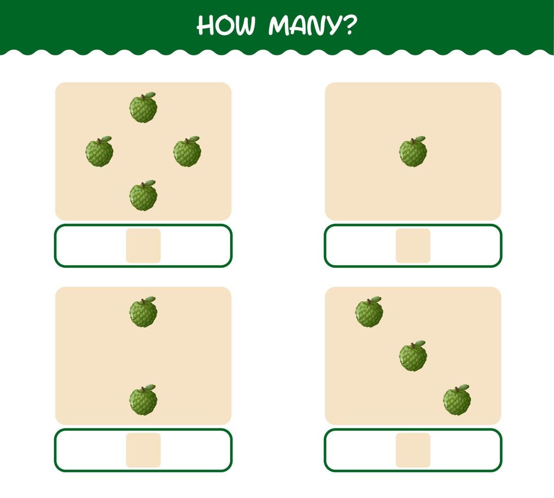 How many cartoon custard apple. Counting game. Educational game for pre shool years kids and toddlers vector