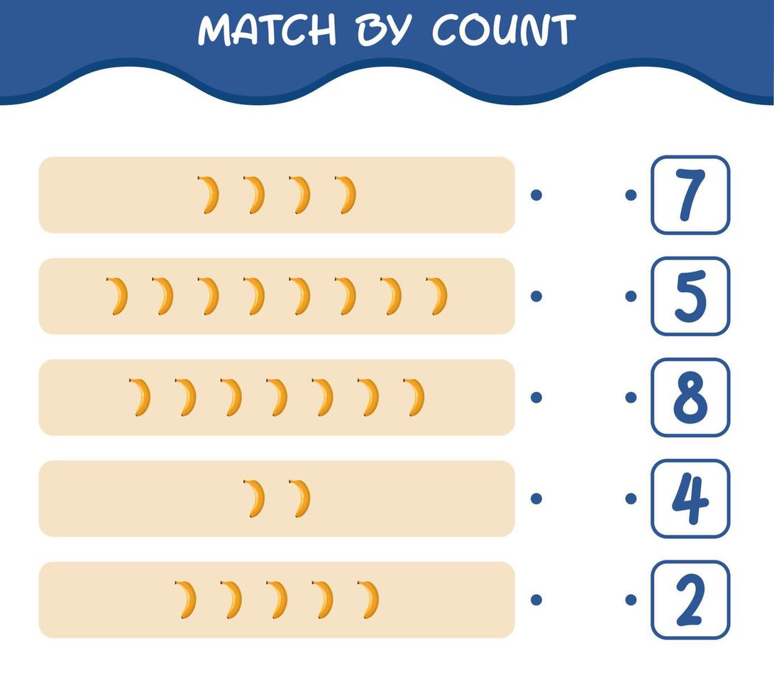 Match by count of cartoon banana. Match and count game. Educational game for pre shool years kids and toddlers vector