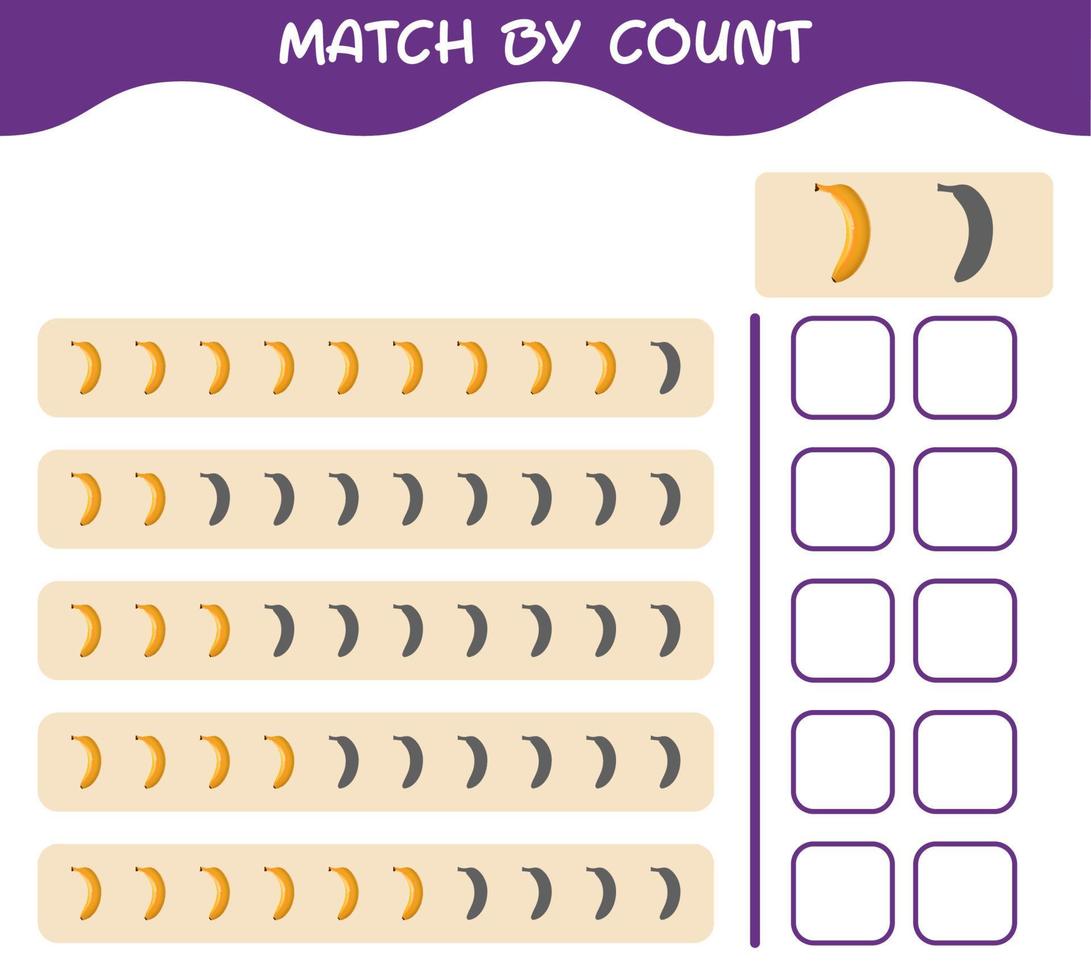 Match by count of cartoon banana. Match and count game. Educational game for pre shool years kids and toddlers vector