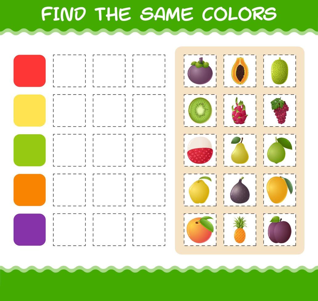 Find the same colors of fruits. Searching and Matching game. Educational game for pre shool years kids and toddlers vector