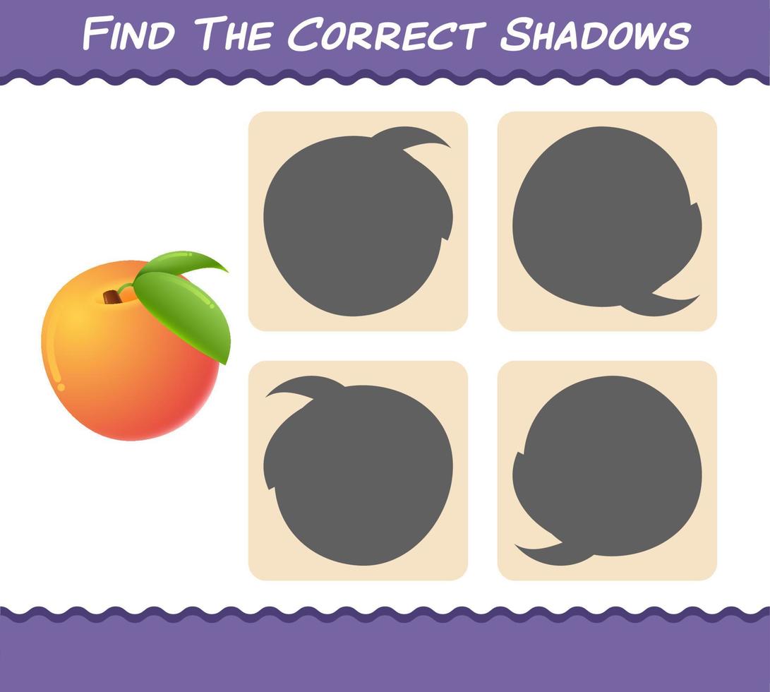 Find the correct shadows of cartoon peachs. Searching and Matching game. Educational game for pre shool years kids and toddlers vector