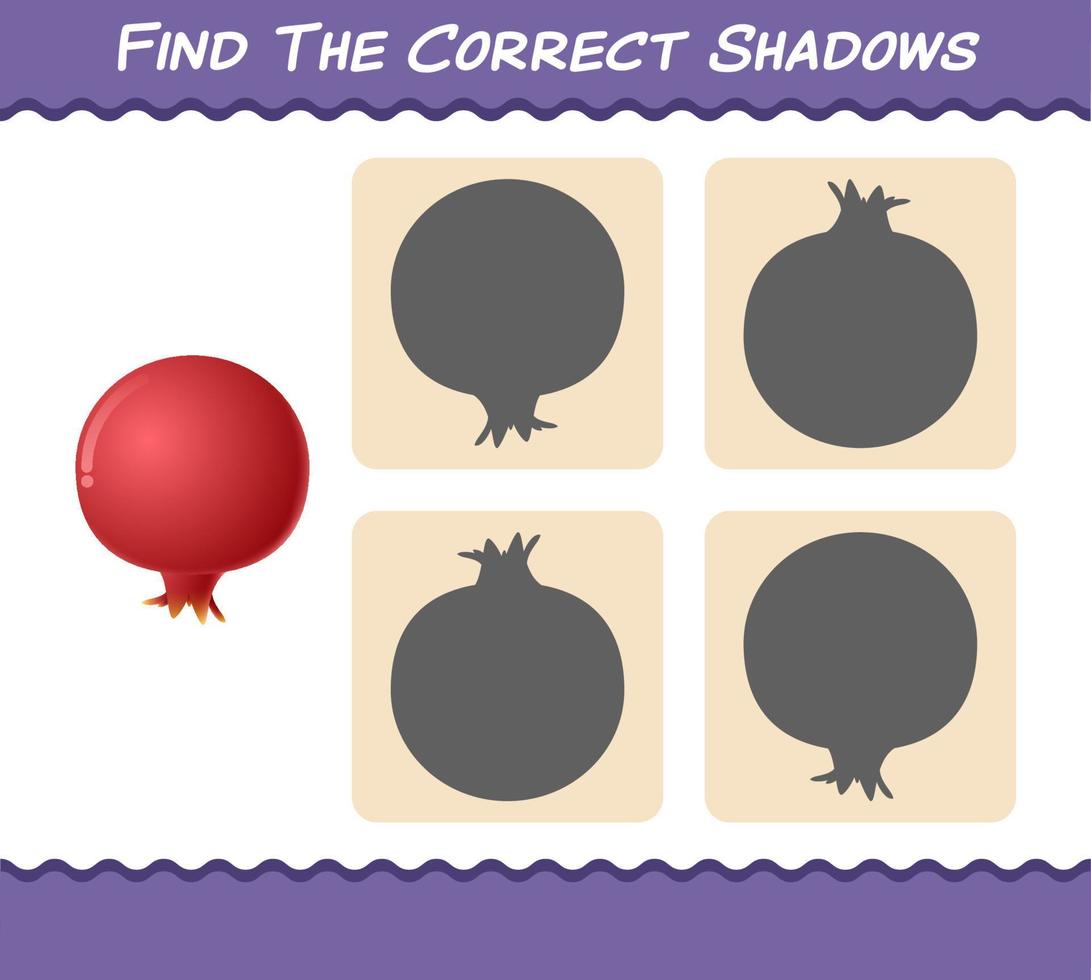 Find the correct shadows of cartoon pomegranates. Searching and Matching game. Educational game for pre shool years kids and toddlers vector