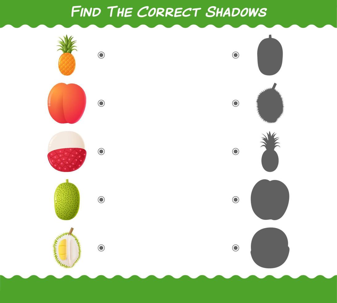 Find the correct shadows of cartoon fruits. Searching and Matching game. Educational game for pre shool years kids and toddlers vector