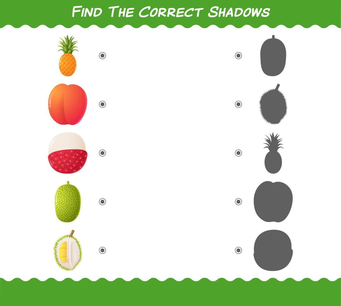 encuentra las sombras correctas de las frutas de dibujos animados. juego de búsqueda y combinación. juego educativo para niños de edad preescolar y niños pequeños vector