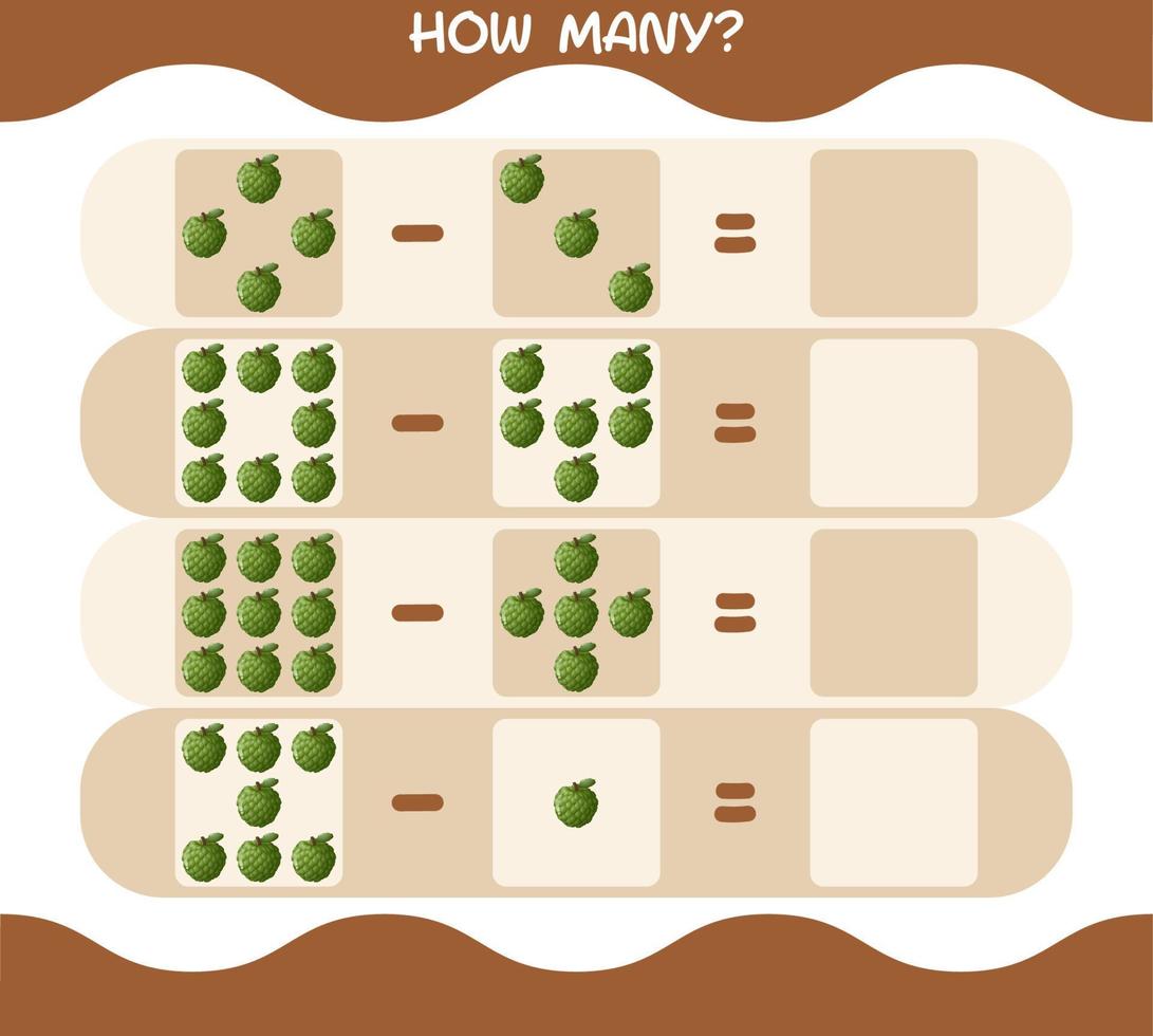 How many cartoon custard apple. Counting game. Educational game for pre shool years kids and toddlers vector