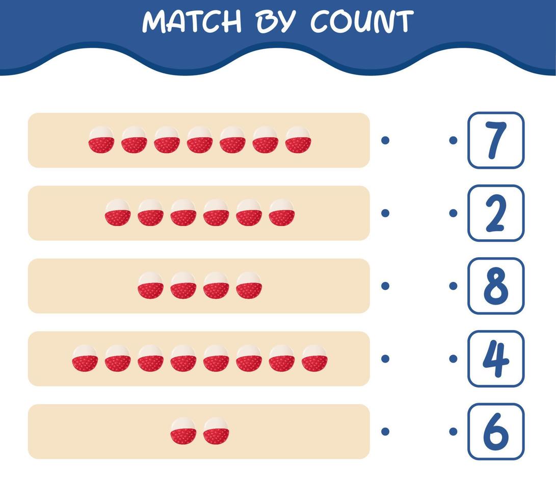 Match by count of cartoon lychee. Match and count game. Educational game for pre shool years kids and toddlers vector