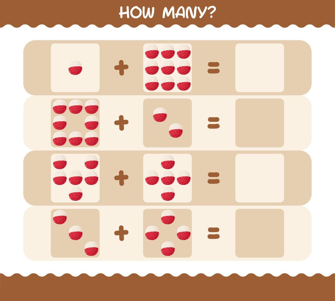 How many cartoon lychee. Counting game. Educational game for pre shool years kids and toddlers vector