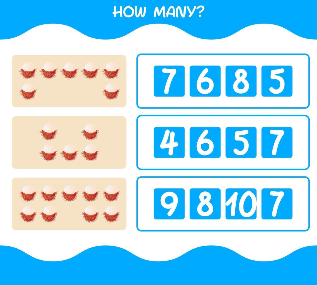 How many cartoon rambutan. Counting game. Educational game for pre shool years kids and toddlers vector
