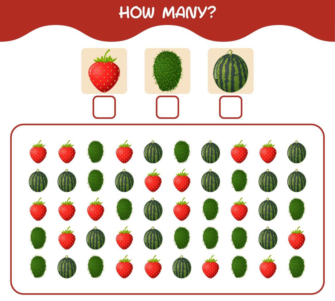 How many cartoon fruits. Counting game. Educational game for pre shool years kids and toddlers vector