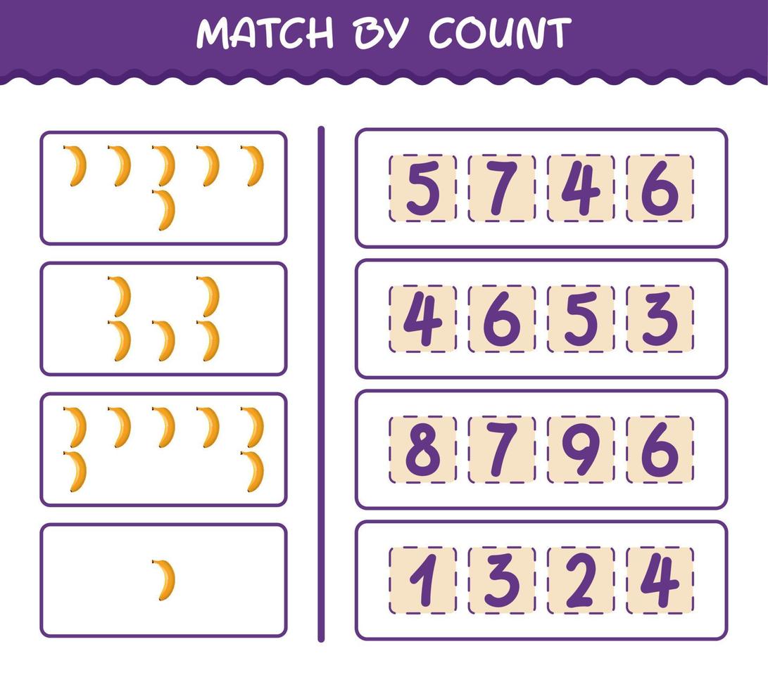 Match by count of cartoon banana. Match and count game. Educational game for pre shool years kids and toddlers vector