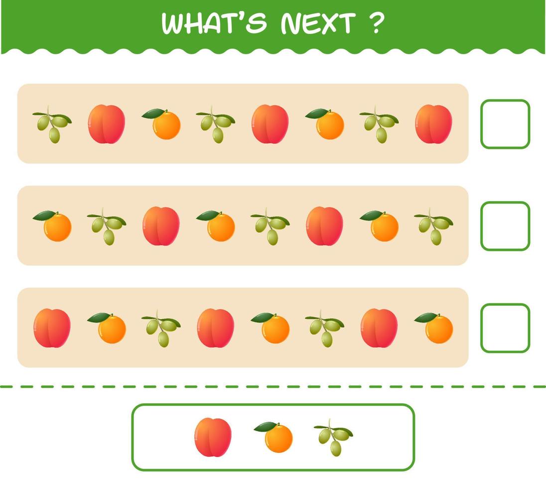 What's comes next educational game of cartoon fruits. Find the regularity and continue the row task. Educational game for pre shool years kids and toddlers vector