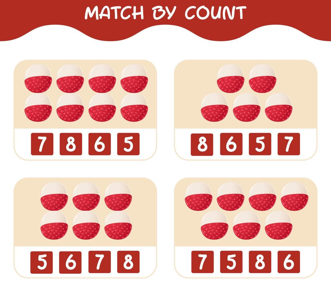 Match by count of cartoon lychees. Match and count game. Educational game for pre shool years kids and toddlers vector