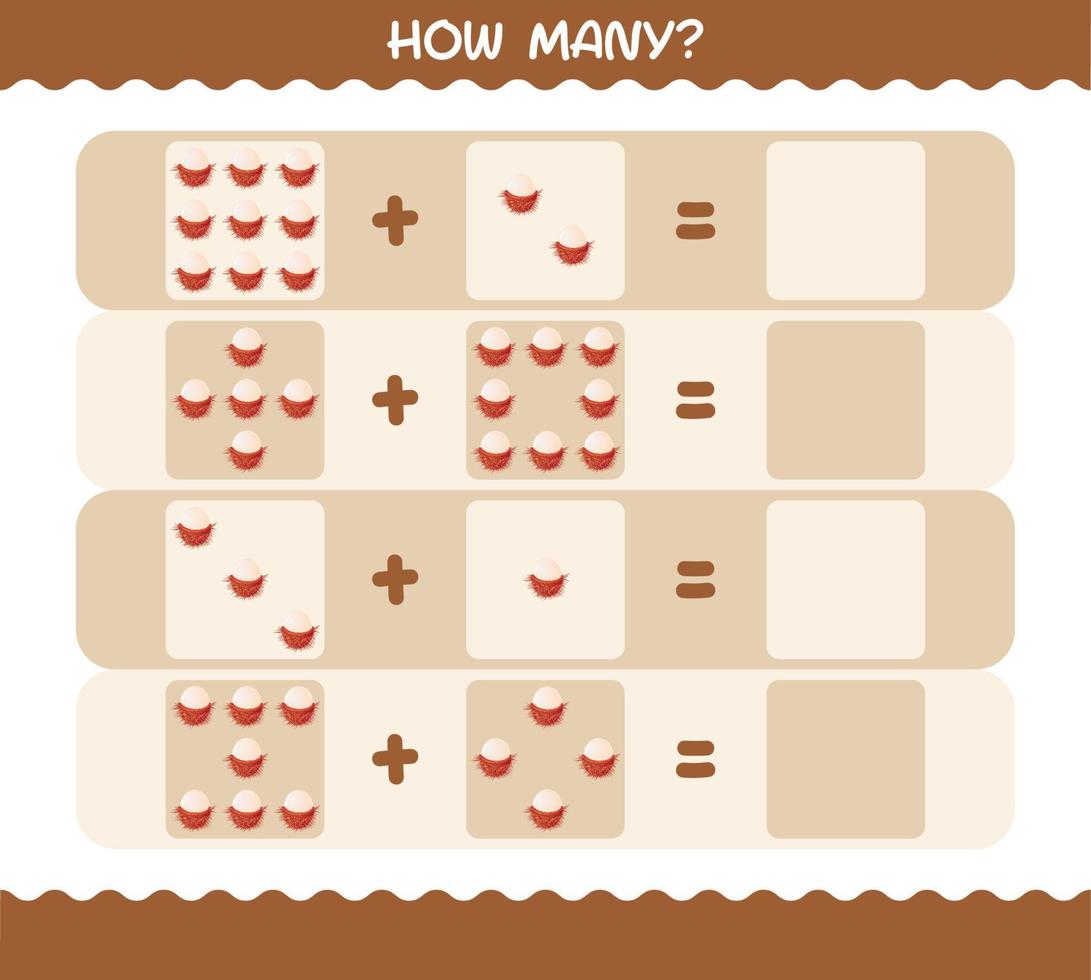 How many cartoon rambutan. Counting game. Educational game for pre shool years kids and toddlers vector