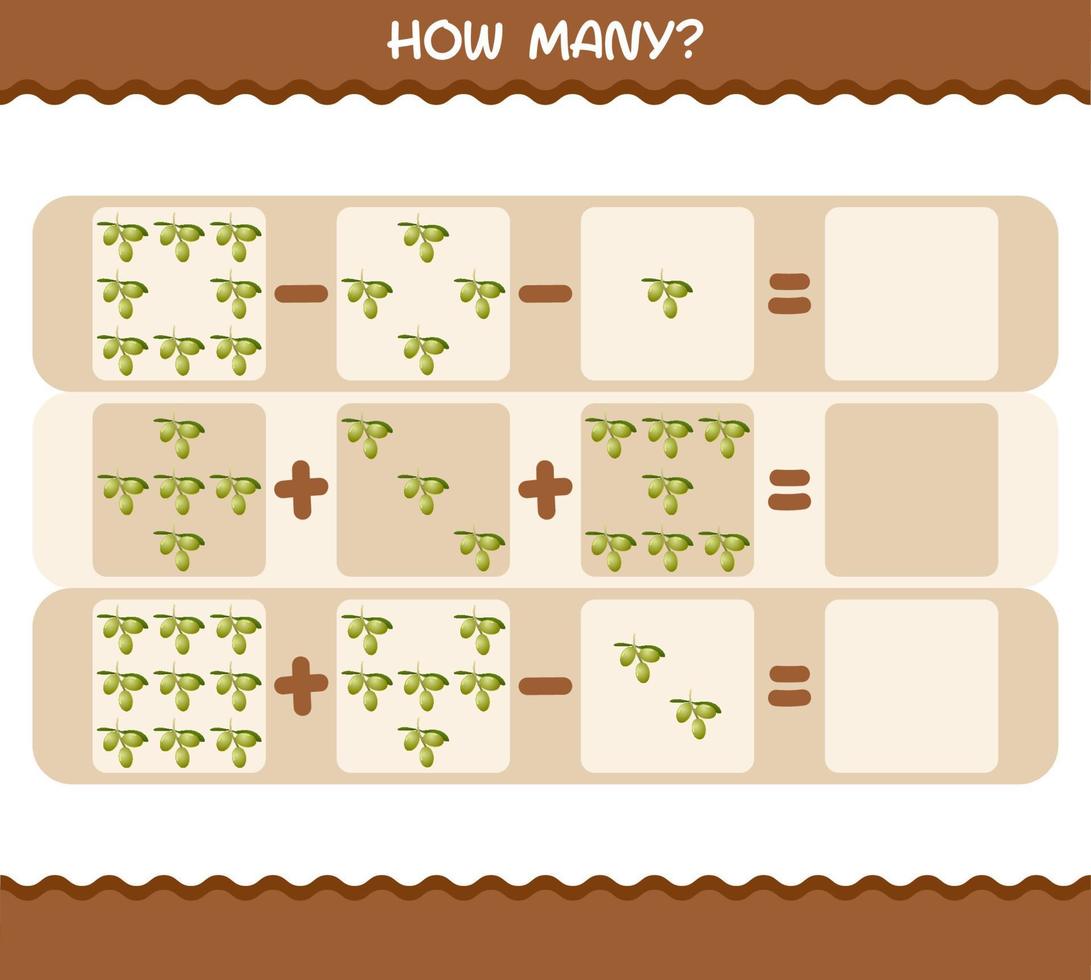 How many cartoon olive. Counting game. Educational game for pre shool years kids and toddlers vector