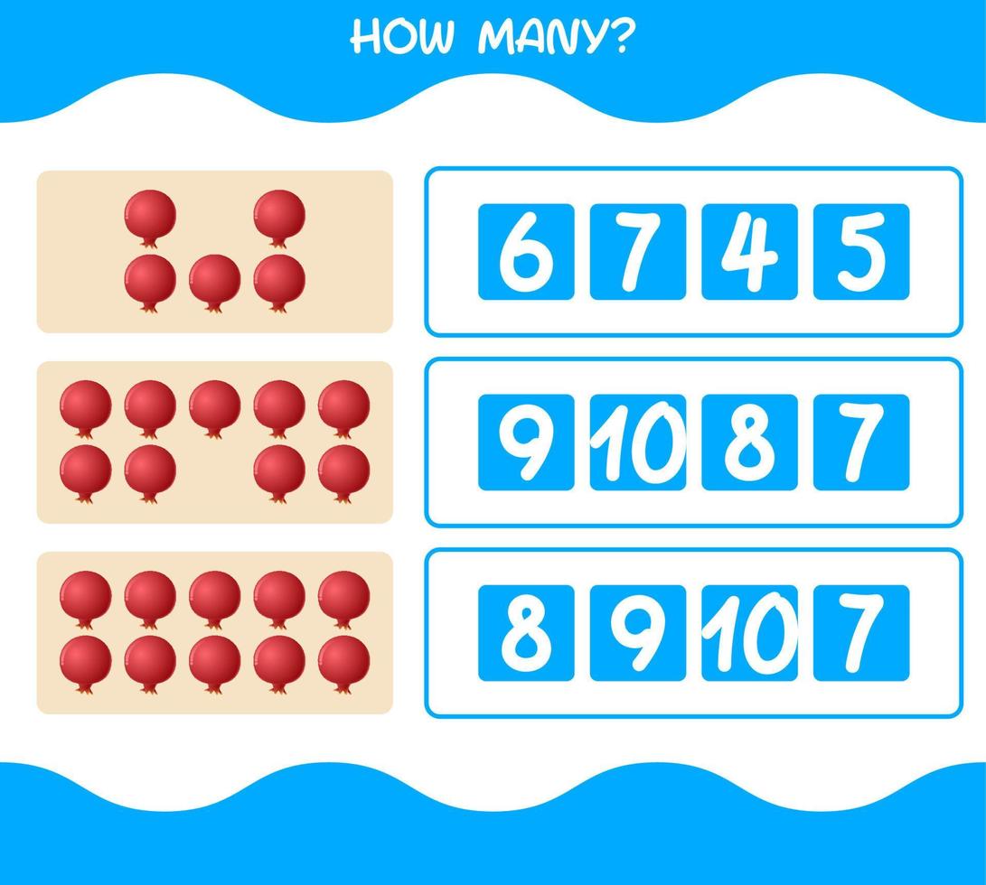 How many cartoon pomegranate. Counting game. Educational game for pre shool years kids and toddlers vector