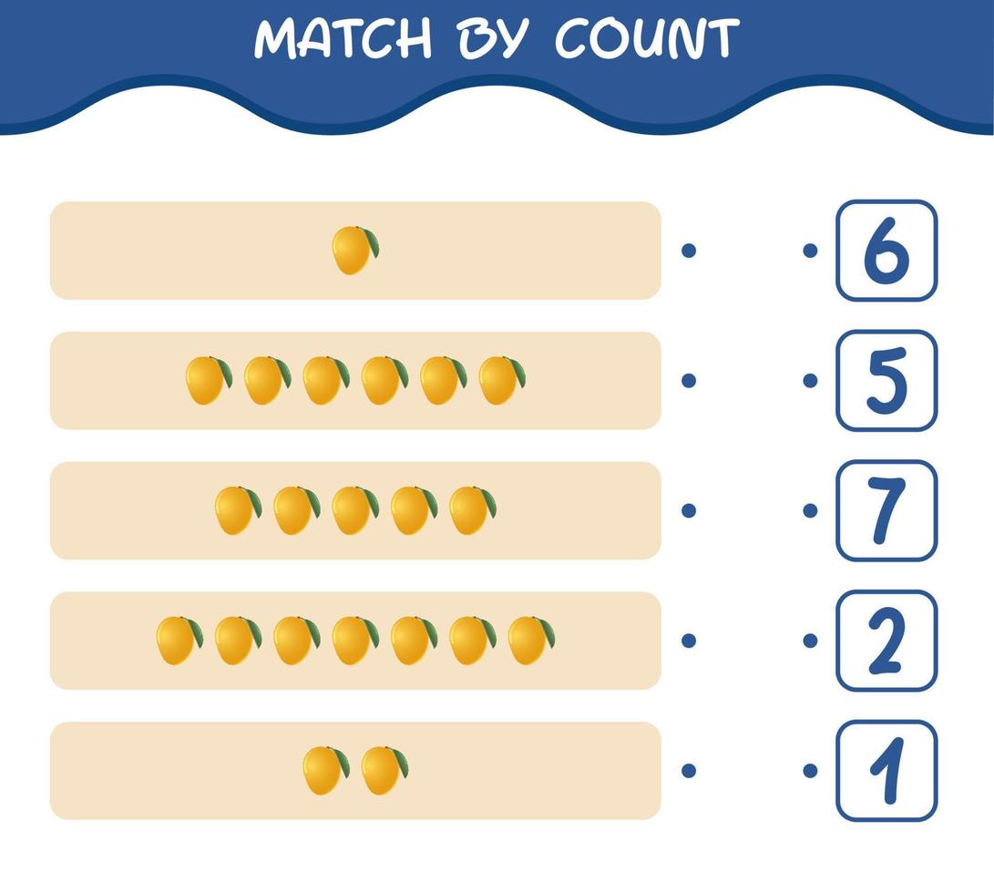 Match by count of cartoon mango. Match and count game. Educational game for pre shool years kids and toddlers vector