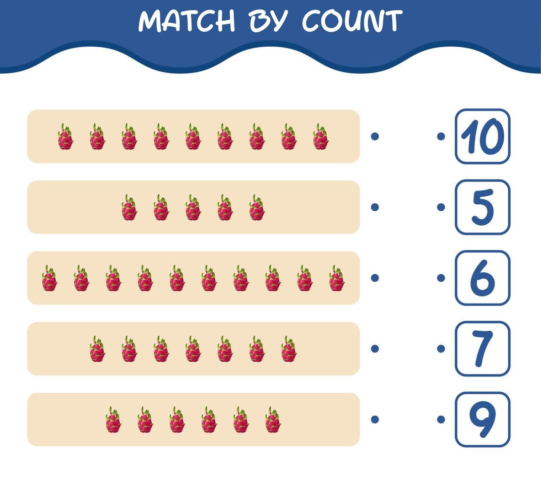 Match by count of cartoon dragon fruit. Match and count game. Educational game for pre shool years kids and toddlers vector