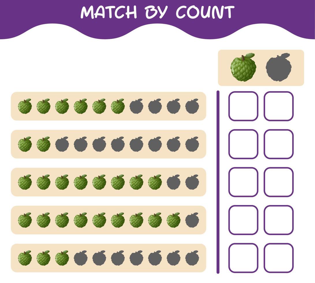 Match by count of cartoon custard apple. Match and count game. Educational game for pre shool years kids and toddlers vector