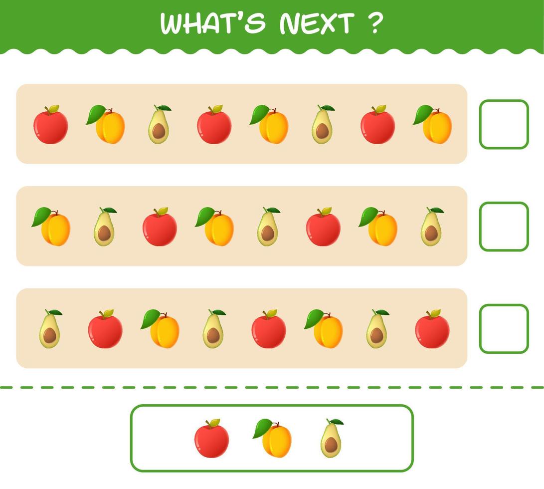 ¿Qué viene después? Juego educativo de frutas de dibujos animados. encuentre la regularidad y continúe la tarea de la fila. juego educativo para niños y niños pequeños en edad preescolar vector