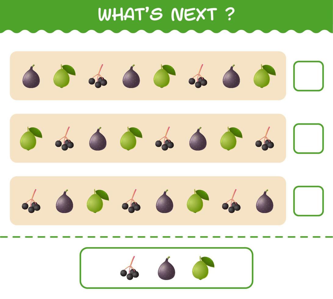 What's comes next educational game of cartoon fruits. Find the regularity and continue the row task. Educational game for pre shool years kids and toddlers vector