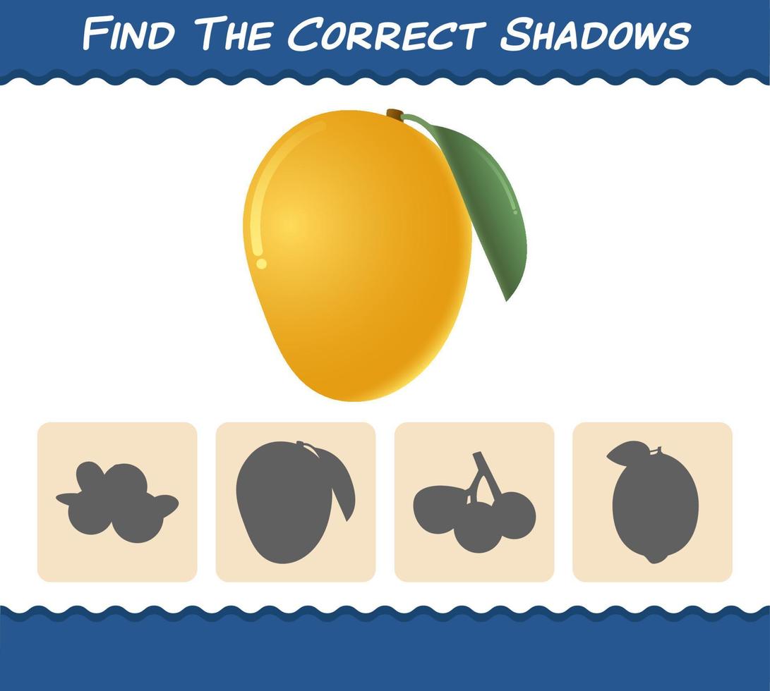 Find the correct shadows of cartoon mangos. Searching and Matching game. Educational game for pre shool years kids and toddlers vector