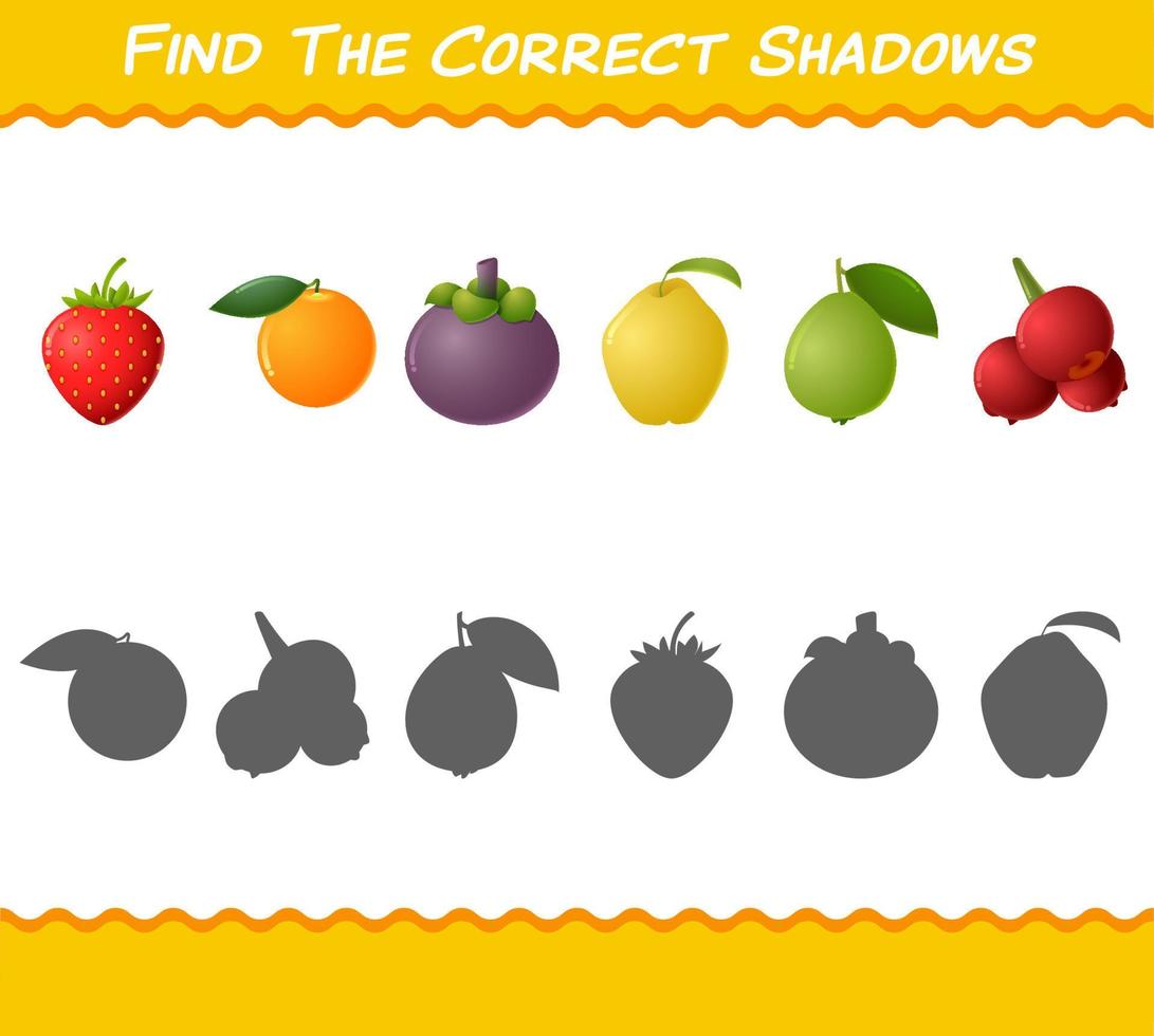 Find the correct shadows of cartoon fruits. Searching and Matching game. Educational game for pre shool years kids and toddlers vector