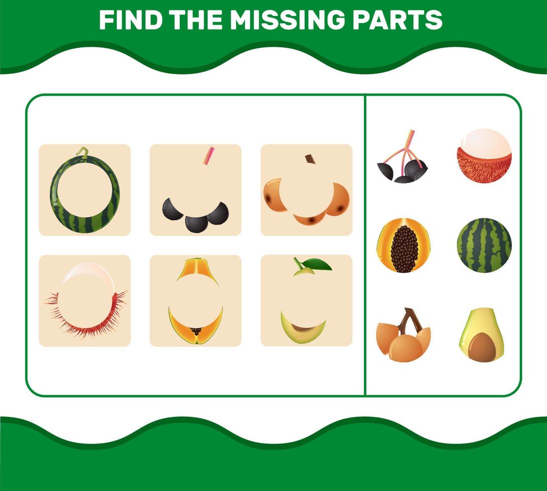 Find the missing parts of cartoon fruits. Searching game. Educational game for pre shool years kids and toddlers vector