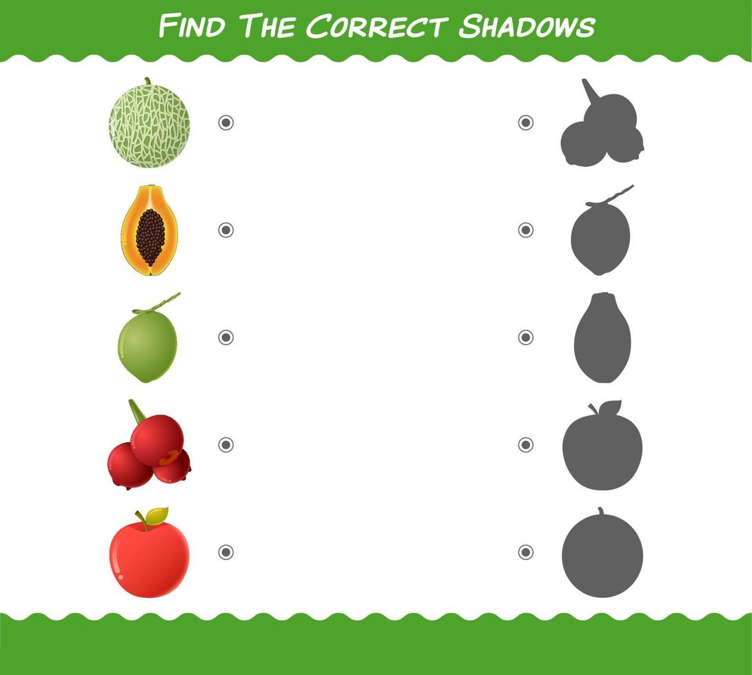 Find the correct shadows of cartoon fruits. Searching and Matching game. Educational game for pre shool years kids and toddlers vector