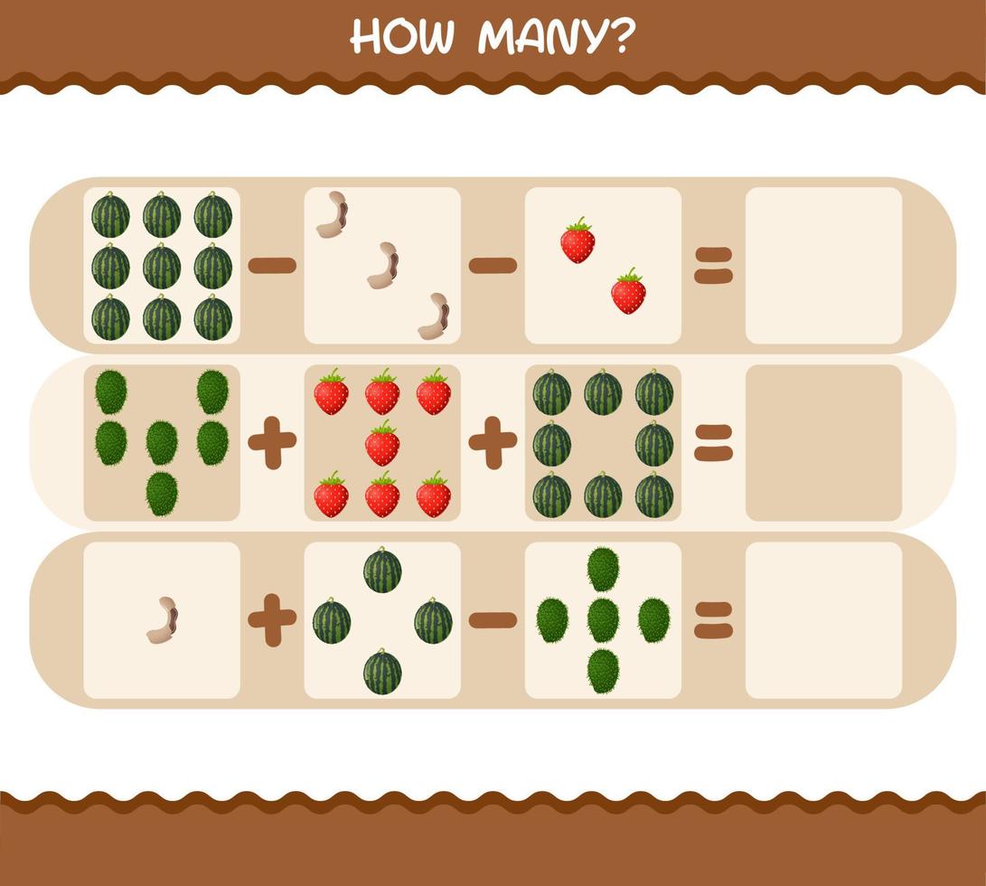 How many cartoon fruits. Counting game. Educational game for pre shool years kids and toddlers vector