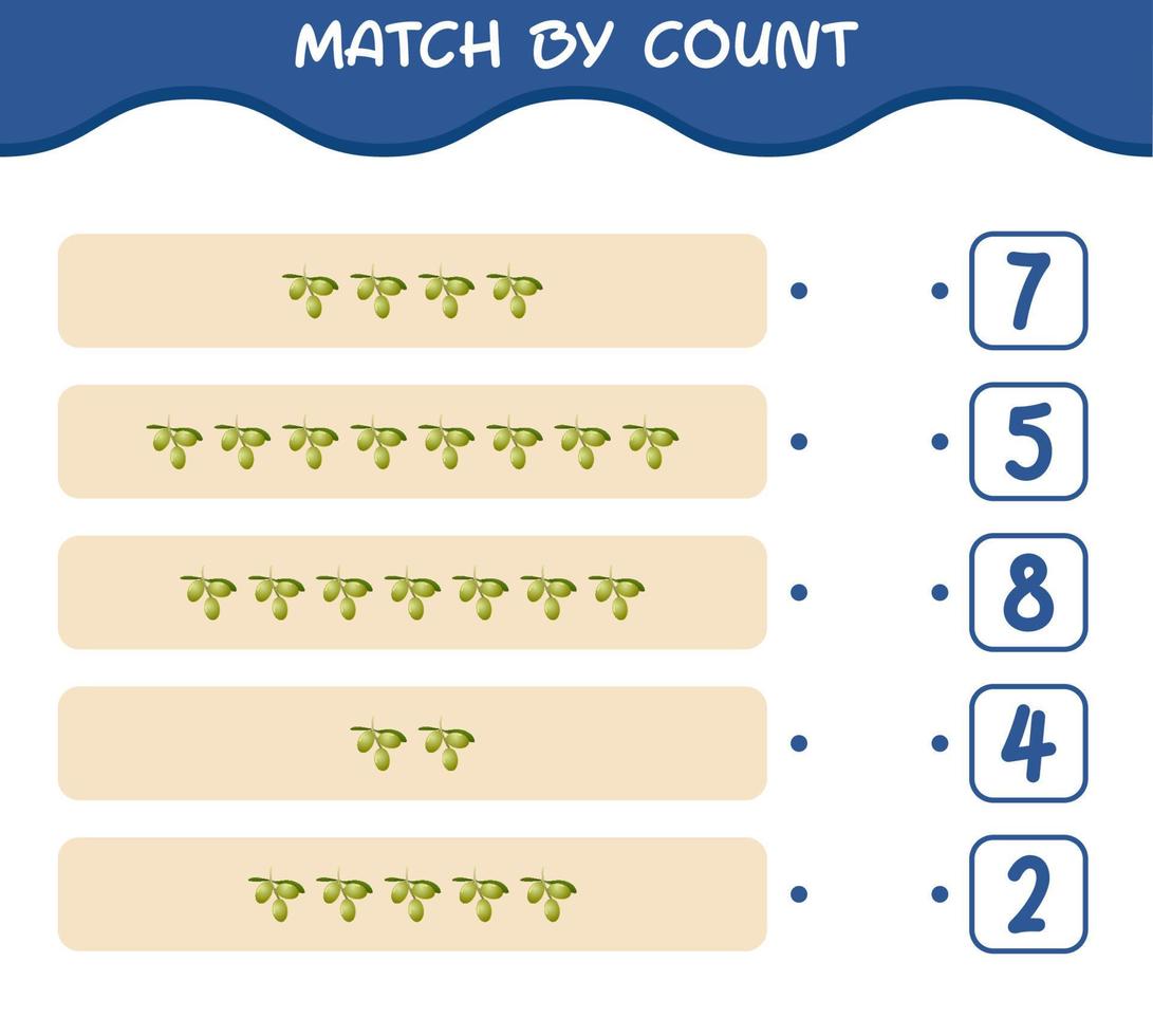 Match by count of cartoon olive. Match and count game. Educational game for pre shool years kids and toddlers vector