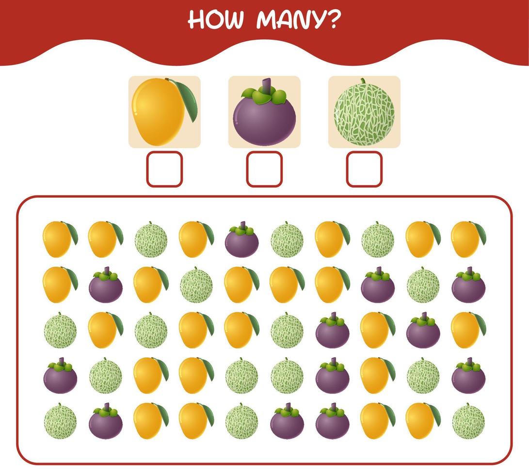 How many cartoon fruits. Counting game. Educational game for pre shool years kids and toddlers vector