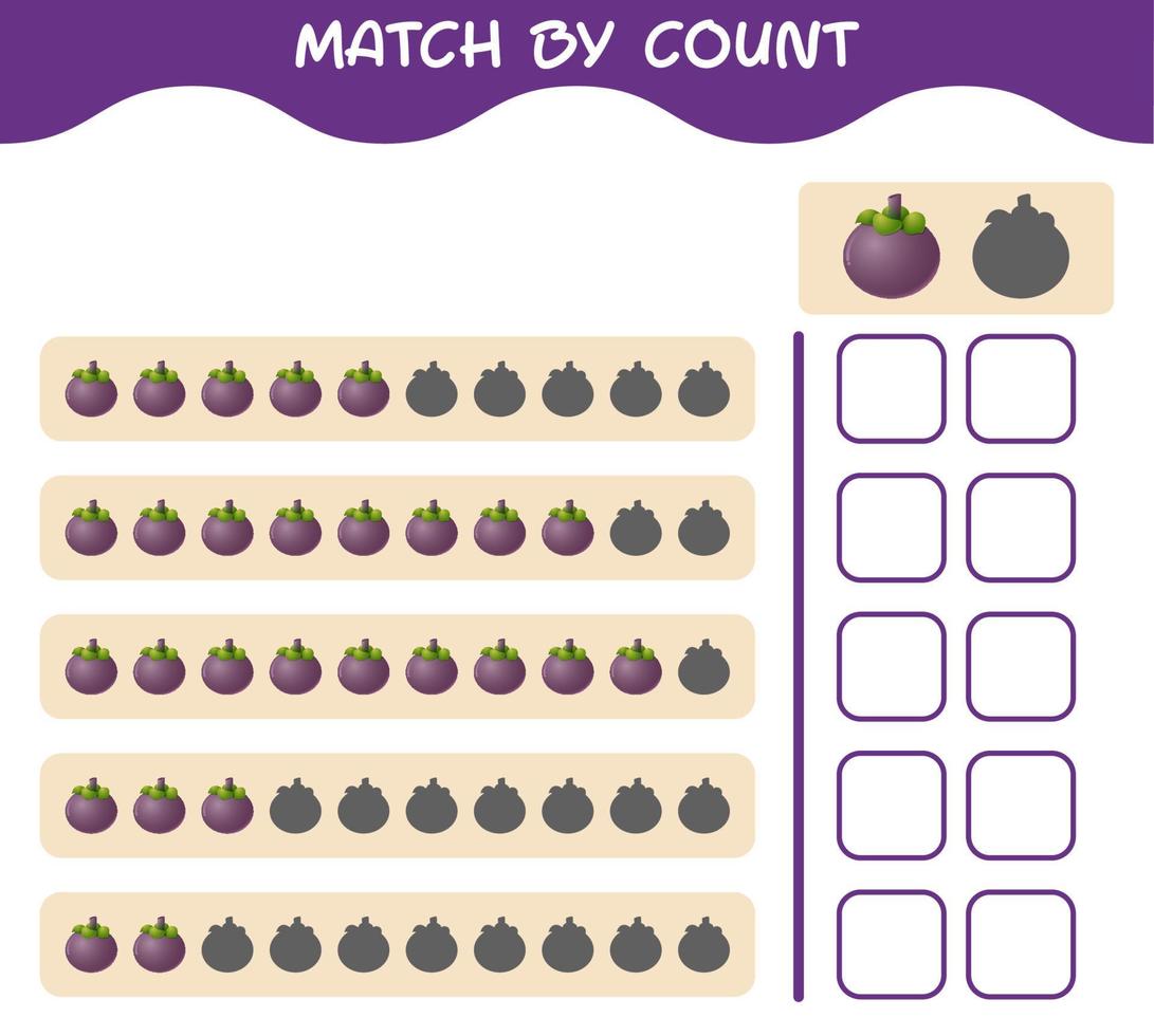 Match by count of cartoon mangosteen. Match and count game. Educational game for pre shool years kids and toddlers vector