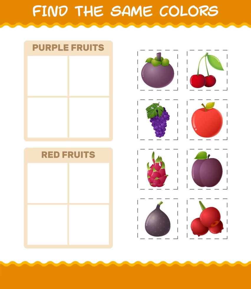 Find the same colors of fruits. Searching and Matching game. Educational game for pre shool years kids and toddlers vector