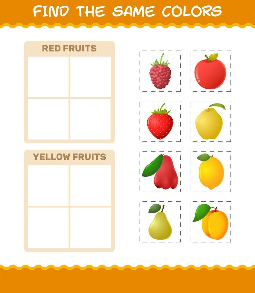 Find the same colors of fruits. Searching and Matching game. Educational game for pre shool years kids and toddlers vector