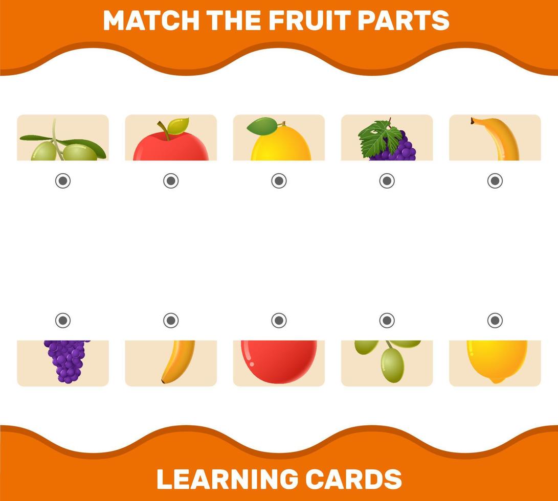 combinar partes de frutas de dibujos animados. juego de correspondencias. juego educativo para niños y niños pequeños en edad preescolar vector