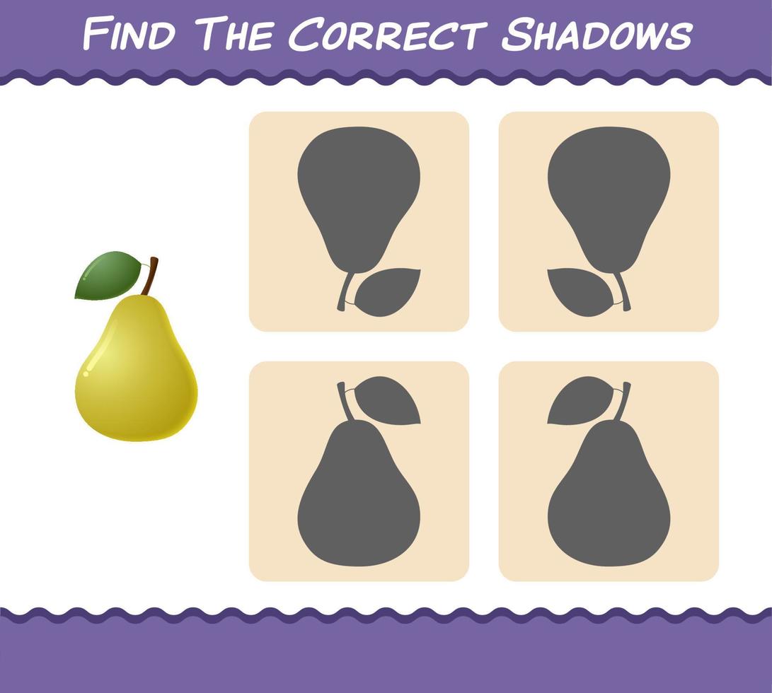 Find the correct shadows of cartoon pears. Searching and Matching game. Educational game for pre shool years kids and toddlers vector