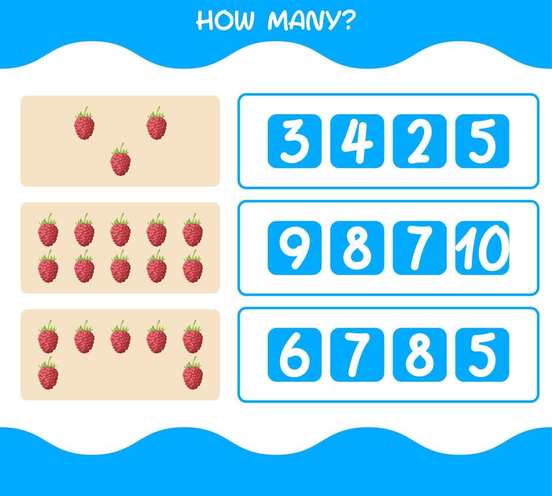 How many cartoon raspberry. Counting game. Educational game for pre shool years kids and toddlers vector